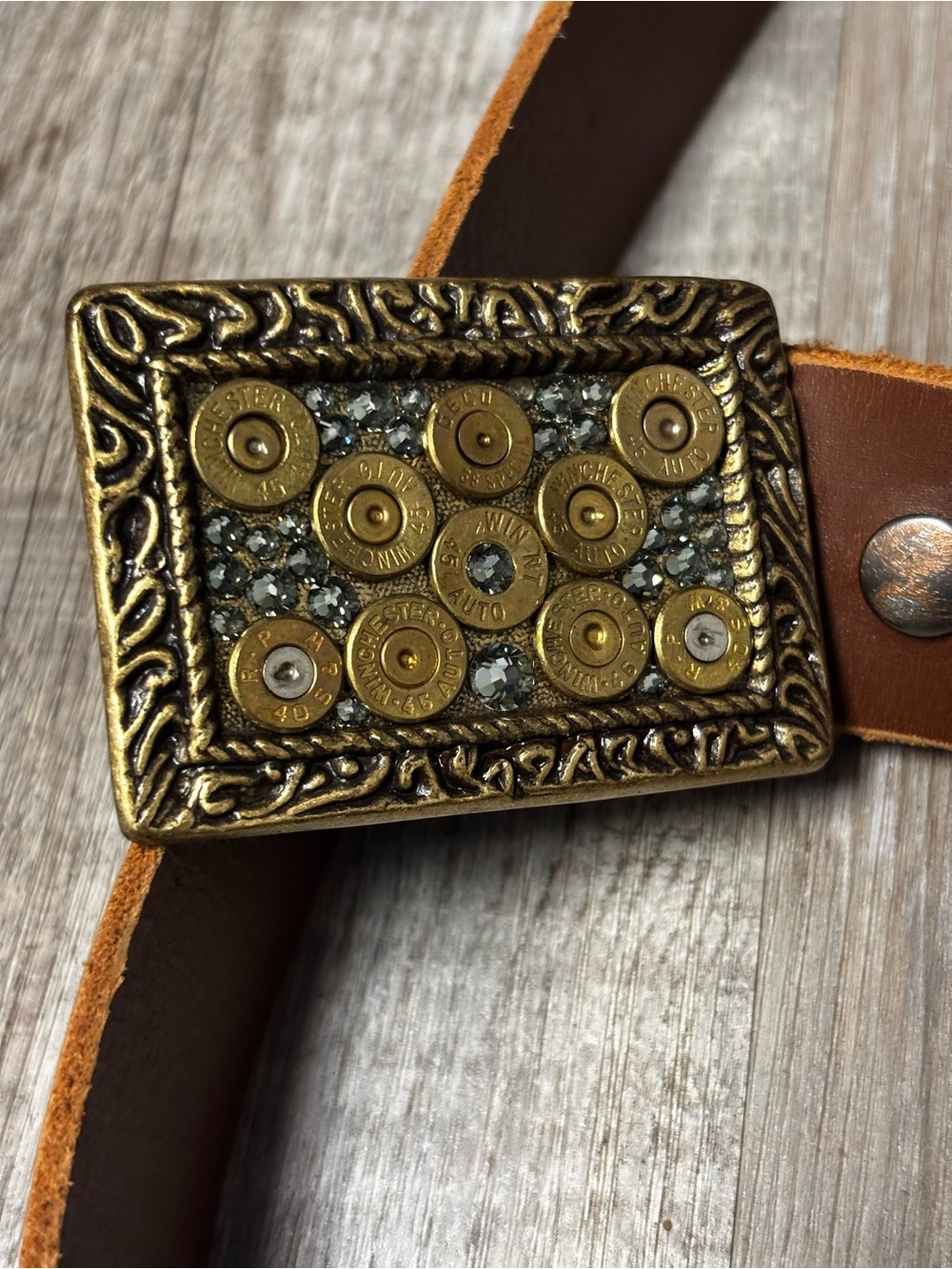 Pretty Hunter Winchester Ornate Brass Buckle and XL Leather belt